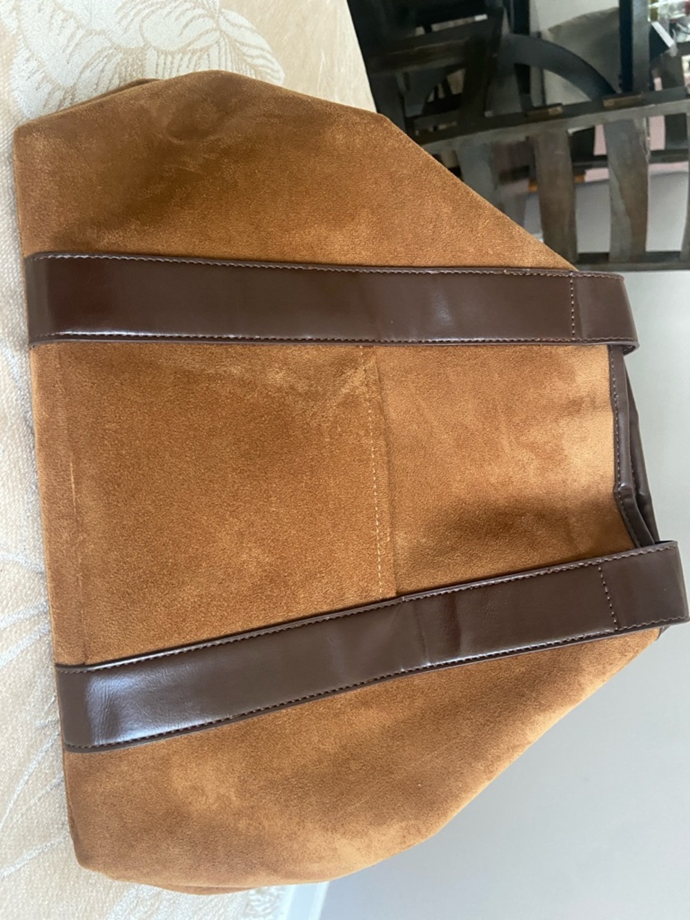 Brown Faux Suede Hand Bag with Dark Brown Trim